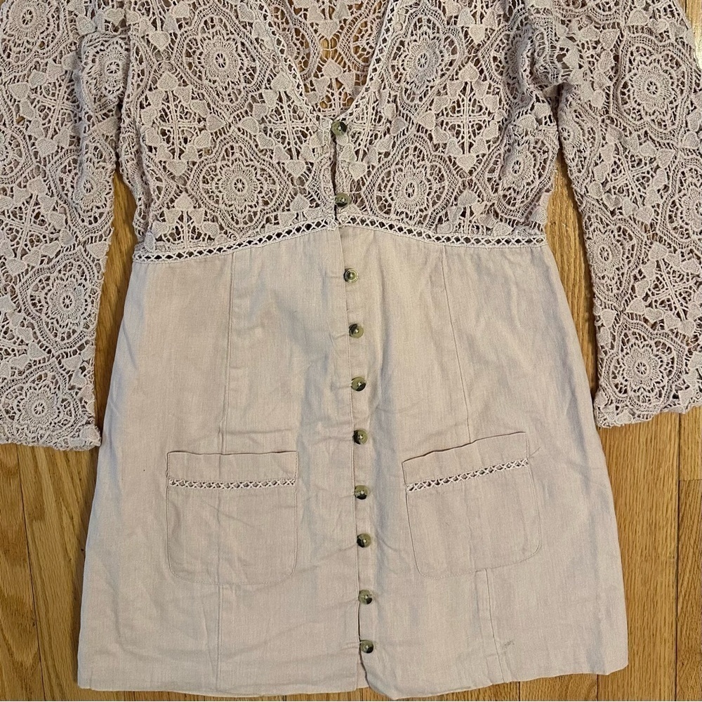 Free People Shrimpton Crochet Lace Mini Dress Pink Sz S bell sleeves boho hippie - Picture 3 of 10